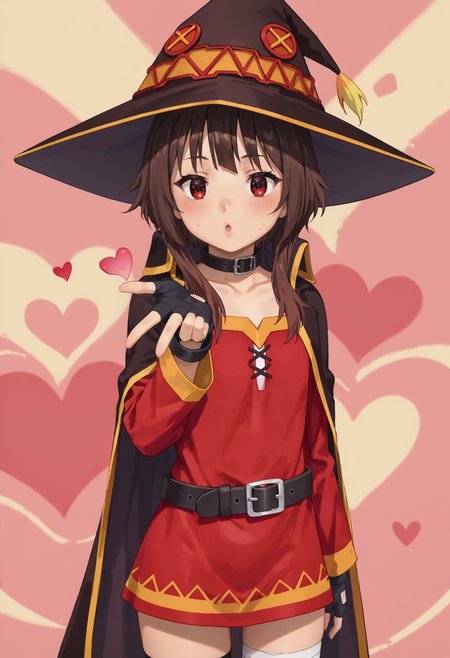 score_9,score_8_up,score_7_up,high quality,highres,masterpiece,abstract background,(((hearts))),heart,multicolored background,colorful,<lora:frieren_blowing_a_kiss_pony>,blowing kiss,heart,<lora:PONYXL_KonoSuba_Megumin_ownwaifu:0.8>,MainOutfit_Megumin_ownwaifu,1girl,brown hair,megumin,short hair with long locks,witch hat,red eyes,collar,collarbone,bangs,cape,red dress,fingerless gloves,black gloves,belt,bandaged leg,single thighhigh,black thighhighs,asymmetrical legwear,black cape,mismatched legwear,black headwear,black belt,long sleeves,detached sleeves,short dress,<lora:Expressive_H:0.8>,ExpressiveH,<lora:add-detail-xl:2>,âââ,âââ