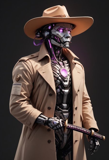 Highly detailed dark cinematic scene.
score_9, score_8_up, score_7_up, score_6_up, score_5_up, score_4_up,  realistic, concept art , 1man, solo, post apocalypse outfit, purple cape blowing in the wind, cowboy hat, robot arm, trench coat, mechanical mask, purple glowing chest, glowing eyes, holding katana, 
The atmosphere is dark yet magical, blending eerie stillness with melancholy. Bright colors and cozy highlights contrast the shadowy backdrop lined with amethysts. asdfm3cha
WORLD MORPH MATCHES, FIRE, monochrome, glow, neon, asdfm3cha