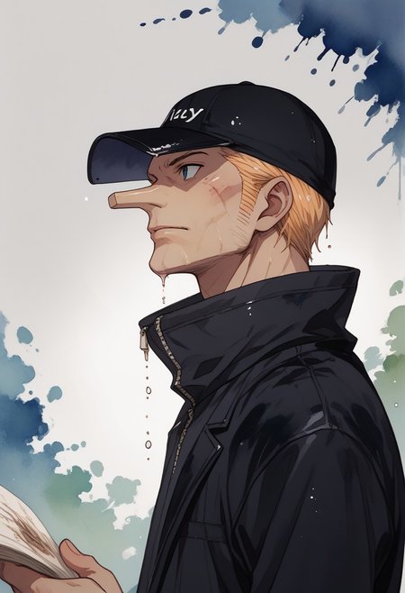 score_9, score_8_up, score_7_up, source_anime, rating_safe, wet, KakuOP, long Kaku nose, blonde Kaku hair, 1boy, male focus, black Kaku cap, black Kaku jacket, hands with five fingers, abstract stain background, old paper medium, from side, flat color, watercolor \(medium\), traditional media,