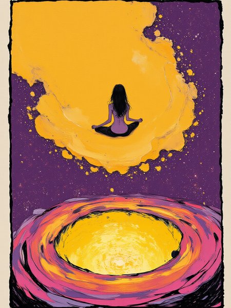An illustrated image of a woman meditating while floating above a glowing crater, with stars visible in the distance.  background is amber yellow <lora:Midjourney_Whisper_BrushPulse_v01:0.7>, border is wisteria violet <lora:inkedgemono-simple_epoch-08:0.9> 1NK3D63SIM <lora:Midjourney_Whisper_Minimal:0.9>
| no deformed hands, no too many limbs, no too many fingers,
