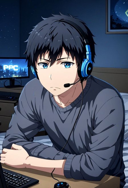 high resolution, solo, best quality, 1Boy, Arata Kaizaki, Black Hair, Blue Eyes, gamer, bedroom, night, pc, sit, headset, portraits, OverallDetail