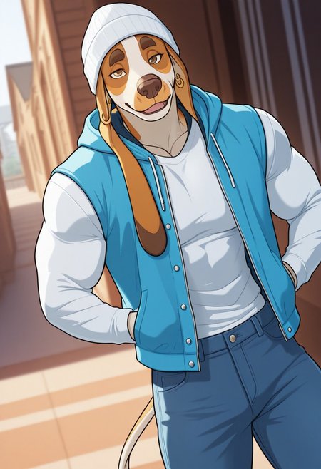 <lora:PhanPhanV2:0.8>, PhanPhan_(anhes), solo, beagle, brown eyes, brown fur, jewelry, earrings, smug, tail, furry, athletic build, muscular, dutch angle, white shirt, long sleeves, sleeveless blue hoodie, denim, open jacket, beanie, BREAK masterpiece, best quality, amazing quality, very aesthetic, high resolution, 4K, extremely-detailed, depth of field, separate focus, newest, scenery, detailed fur, detailed muscles, cinematic lighting