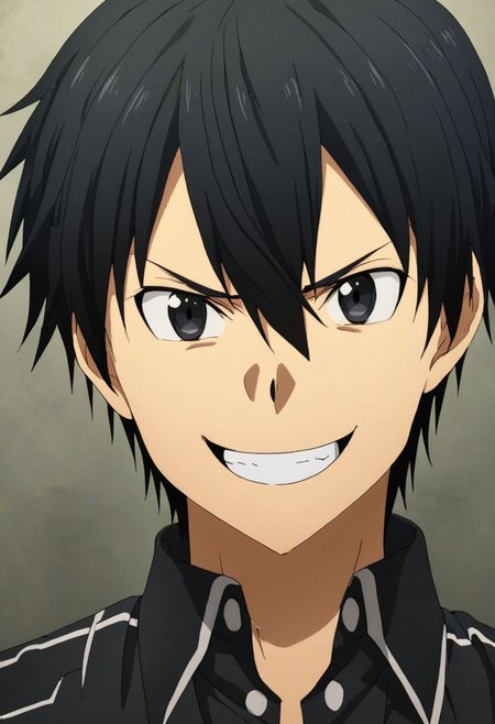 high resolution, solo, best quality, 1Boy, Kazuto Kirigaya, Black Hair, Black Eyes, portrait, looking at viewer, angry, smile, OverallDetail
