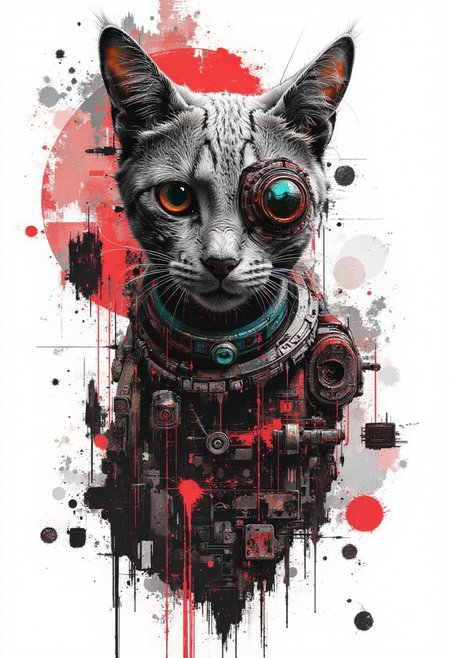 A graphic illustration, black and white, of a cat with bright red turquoise collar, an absurd abstract design, blending shape and reality, dieselpunk
 <lora:Dieselcore:0.8> d1eselc0re  <lora:Glitchcore_Flux:0.5> gl1tchc0re