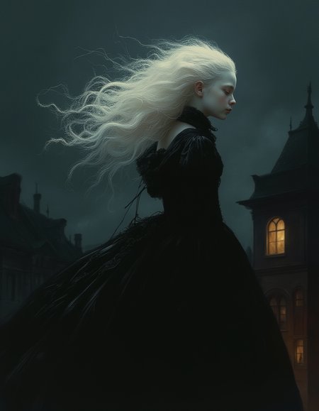cinematic still masterpiece, high quality, Oil Painting, an albino teen Victorian girl floating in the air over a Victorian London at night by Albert Lynch, Abbott Handerson Thayer, wearing a black corseted Victorian dress, highly detail, best quality, innocent, white skin, pale skin, long flowing white hair, ultra detailed, romantic, focus on the girl, shadow and light, Masterpiece, intricate lines, intriguing atmosphere, sharp magnificent details, delicate features, elaborate details, (2\3 rule composition:0.5), ultra detailed, romantic, Rembrandt lighting, brush strokes, emotional, harmonious, vignette, 4k epic detailed, del1cate_balance style, in the style of Rembrandt. vantablack <lora:style_of_Rembrandt_FLUX_135:.8> <lora:- Flux1 - vanta_black_V2.0:.8> <lora:Delicate_Balance:.3> <lora:neeeg_f1:-1>