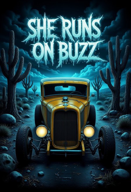 neon glowing spraypainted Text : "SHE RUNS ON BUZZ" . 1932 yellow Ford Coupe car [American graffiti], 1932 yellow rat rod hot rod in foreground, solo, moody lighting, horror movie lighting, desert in background, spooky trees, spooky fog in background, view from ground up, 1932 Ford coupe car facing viewer, aidmaHalloweenBoost, American Graffiti