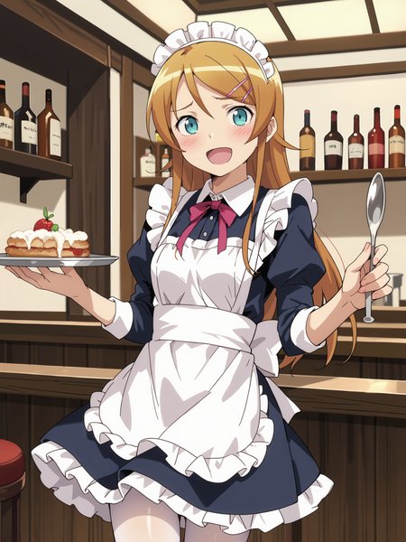 score_9, score_8_up, score_7_up, source_anime, ray tracing, best quality, anime screenshot, anime coloring,  <lora:Char-Kousaka_Kirino-V1-Pony:0.9:hr=0.6>, 1girl, kousaka kirino, hair clip, solo, maid, maid headdress, maid apron, embarrassed, white pantyhose, open mouth, blush, smile, open mouth, holding plate, looking at viewer, cowboy shot, bar \(place\), indoors, depth of field