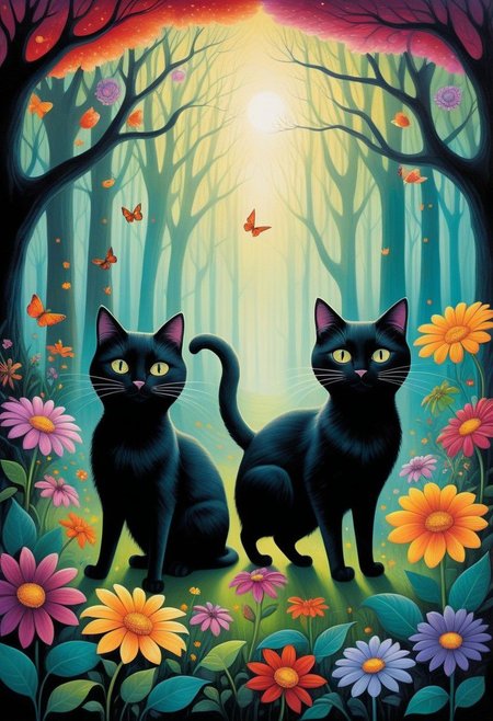 score_9, score_8_up, score_7_up, score_6_up, cr33pp41nt, Create a captivating and surreal painting inspired by the whimsical style of Alexander Jansson, showcasing two sleek black cats frolicking in a lush, enchanting forest adorned with vibrant flowers. The scene exudes a sense of mystery and whimsy, reminiscent of the pop surrealism genre. The intricate details of the cats' glossy fur and piercing eyes are meticulously rendered, capturing their graceful movements and playful demeanor. The forest teems with a riot of colorful blooms, each petal and leaf meticulously depicted in a style that echoes the works of Anato Finnstark. The cats' faces are flawless, almost ethereal, akin to the perfection seen in artworks by Beeple and Jeremiah Ketner, radiating a sense of otherworldly beauty and grace. The interplay of light and shadow creates a mesmerizing depth to the painting, drawing the viewer into a dreamlike realm where reality and fantasy intertwine seamlessly.