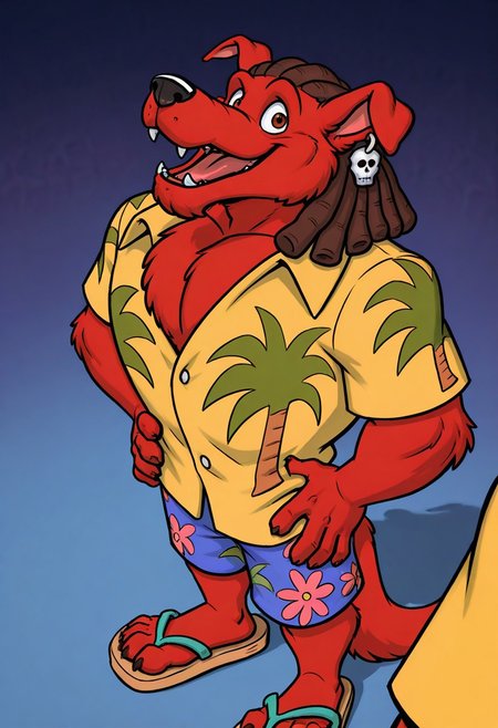 masterpiece, ultra detailed, amazing quality, absurdres, very aesthetic, no humans, solo focus, male focus, furry male, 1boy, (from above:1.1), mini person, short, 
d_w0lf_mon, red fur, red body, body fur, elbow tuft, brown hair, dreadlocks, brown eyes, long snout, black nose, single earring, skull earring, smile, fangs, looking at viewer, open mouth, tongue, teeth, wide-eyed, facial hair, chin tuft, wrinkles, mature male, droopy ears, muscular, chest tuft, pectoral cleavage, yellow shirt, collared shirt, hawaiian shirt, palm tree print, short sleeves, partially unbuttoned, blue shorts, swimming trunks, floral print shorts, leaning back, head back, standing, hands on hips, looking up, finger claws, tail, sandals, toe claws, perfect hands, perfect feet, 5 fingers, 4 toes, high-angle view,
BREAK 
patterned background, psychedelic background, perfect lighting, shadow, pov