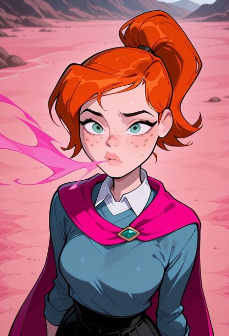 ((screencap, cartoon)) , masterpiece, best quality, amazing quality, very aesthetic, absurdres, newest,
ovgwen,  orange hair, 1girl,  freckles,, lips
ponytail, blue shirt, white collar, black skirt, long sleeves, 
lost, confused, pink sand, pink dust, pink blowing wind, pink cape, upper body, cape blowing in the wind,