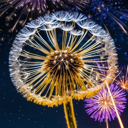 iridescent shimmering dandelion made out of pyrite metal dissolving into firework in the windy night sky merging with astral ascendent star constellation, impressive dandelion flower firework, amazing depth, ultra detailed, maximalism,  stunning masterwork by head of prompt engineering