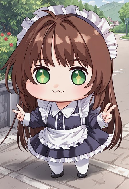 <lora:trumkuu_Pv11-000030:1> ntrkuu, high quality,  <lora:Doro_X_PDXL_V1:1> doro, creature, :3, chibi, no humans, white skin, solid circle eyes, no pupils, v, brown hair, BRAKE, brown hair, green eyes, outdoors, maid apron,