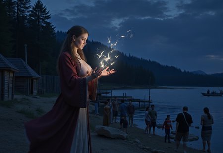score_9, score_8_up, score_7_up, source_anime,
beautiful Nordic pagan priestess, medieval robe, exposed saggy medium breasts, holding magical instruments in her hands, preparing a spell, mystical light emanating from her hands, action pose, 
medieval clothed male and female villagers with different looks, terrified villagers gathered around the priestess, medieval lakeside village, wooden sheds, wooden cottages, Nordic forest, medieval lake boat anchored in the middle of the lake, small rowboats on the shore, medieval setting, dim summer night, midnight sun,
sophisticated color grading, masterful composition, action scene, visually compelling scene, dreamlike atmosphere, 
ultradetailed, (photorealistic:1.3), (masterpiece), best quality, (hyperrealism:1.3), (hyperdetailed:1.3), intricate details, 
sharp focus, 4k, high resolution, natural light, ray tracing, depth of field, wide angle, wide perspective, long range, panoramic view, full body in frames,
herbstphoto, herbst photo, busty breasts, nipples, massively huge breasts, anime, anime style