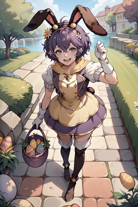 score_9, score_8_up, score_7_up, score_6_up, source_anime, 1girl BREAK <lora:bernadetta-pdxl-nvwls-v1:1> sprBernie, messy hair, hairband, fake animal ears, hair flower, yellow dress, white gloves, puffy short sleeves, thigh boots, holding easter egg, smile, open mouth, garden, cobblestone, river