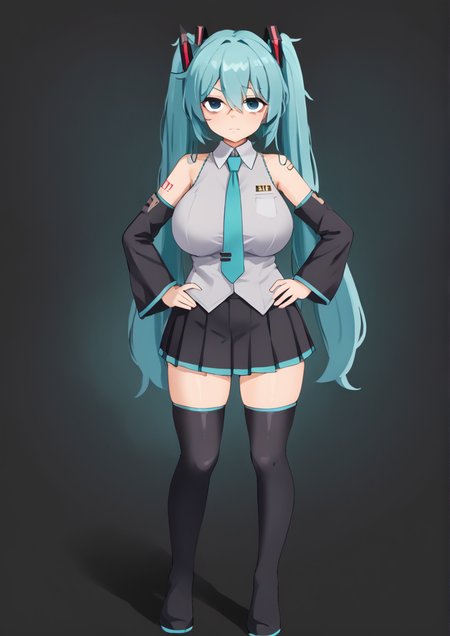 1girl, hatsune miku, huge breast, neutral face, aqua background, aqua hair, aqua necktie, bags under eyes, bare shoulders, black footwear, black skirt, black sleeves, black thighhighs, boots, closed mouth, collared shirt, contrapposto, dark background, detached sleeves, eyes visible through hair, frilled sleeves, frills, full body, grey shirt, hair between eyes, hair ornament, hands on own hips, long hair, looking at viewer, looking to the side, low twintails, messy hair, miniskirt, necktie, pleated skirt, raised eyebrow, shirt, shoulder tattoo, sidelocks, skirt, sleeveless, sleeveless shirt, solo, standing, tattoo, thigh boots, thighhighs, twintails, very long hair, very long sleeves, wing collar, zettai ryouiki, zPDXL3,  <lora:åæhatsuzuki_A:1>