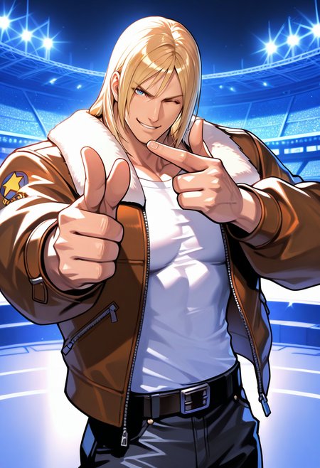 masterpiece, best quality, newest, absurdres, highres, <lora:TerryBogardIllustriousXL:1>,  TRRFF, blonde hair, medium hair, blue eyes, bomber jacket, white shirt, muscular, smile, looking at viewer, one eye closed, finger guns, pointing at viewer, stadium, stage lights, night, cowboy shot, 1boy, solo,