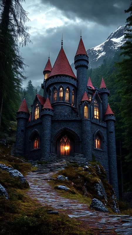 The image depicts a grand, gothic-style castle nestled within a dense forest. The castle is constructed from dark gray stone, giving it a mysterious and ancient appearance. The structure is multi-storied, with several turrets and spires that reach towards the sky. The roofs are covered in red tiles, adding a striking contrast to the dark stone walls. The windows of the castle are arched and numerous, with some of them glowing warmly from the inside, suggesting that the castle is inhabited or at least powered by some form of light within. The light from the windows casts a golden hue against the otherwise dark and moody exterior. Surrounding the castle are tall, dense trees, likely evergreens, which add to the eerie and secluded atmosphere of the scene. The forest floor is covered with a mix of grass, shrubs, and rocks, and a winding stone path leads up to the castle's large  entrance with double doors and an arch. The path is uneven and appears to be well-trodden, hinting at the passage of time and visitors. In the background their is higher elevation with a mountain and some snow. The sky above is overcast, with dark, heavy clouds that add to the overall sense of mystery and foreboding. The lighting in the image is somewhat dim, enhancing the castle's ominous and enchanting aura. Overall, the image evokes a sense of fantasy and adventure, reminiscent of tales of medieval castles and hidden realms.