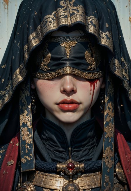 a close-up portrait of a woman with a stylized, ornate appearance. The subject has fair skin and full lips, with a striking red mark resembling a tear running down from the right eye. The eyes are covered by an intricately designed blindfold adorned with gold embellishments and patterns, featuring symmetrical motifs. The head is draped in a dark, richly textured fabric with gold accents, resembling a hood or veil. The attire includes a high-collared garment with gold details and a prominent circular red gem at the neck, adding to the regal and mysterious aesthetic. The background is a subtle, light color, enhancing the focus on the subject's elaborate costume and accessories.