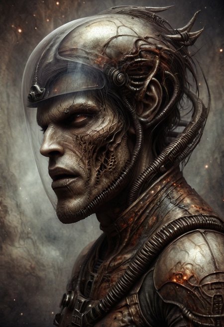 Space warrior portrait oil stains mixed with (((doom sleer))) caste. wearing space suit WITH THE INSCRIPTION USSR on the helmet, H. R. Giger style but depicted as an oil painting  --ar 2:3 --v 5