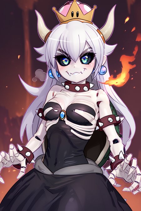 score_9, score_8_up, score_8, medium breasts, (curvy), cute, eyelashes,       BREAK, ,   zzDryBowsette, black sclera, colored sclera, skeleton, horns, spikes, dress, hair between eyes, jewelry, very long hair, green eyes, white hair, earrings, white gloves, colored skin, crown, pale skin, colored sclera, white skin, black sclera, ribs, skeleton, super crown, spiked armlet, spiked shell, breathing fire,  <lora:DryBowsette_PDXL:1.0>, , BREAK, smile, closed mouth, looking at viewer, cowboy shot,  ,,, embedding:zPDXL, Expressiveh, ,,, <lora:MantisStyle_PDXL_v2:0.8>, <lora:SDXLFaeTastic2400:0.5>, <lora:Expressive_H-000001:0.4>,