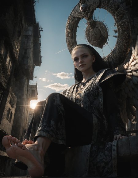 score_9, score_8_up, score_7_up,score_6_up,high resolution,source_anime,mrnd,1girl,street,blonde hair,long hair,black veil,black robe,mechanical halo,feathered wings,volumetric lighting,rim lighting,sunny,sun,day,dof,solo,close-up,from below,looking at viewer,barefoot,sitting,from below,soles,feet focus