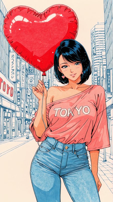 masterpiece, absurdres, (lineart:0.8), (pastel \(medium\):1.5), (retro artstyle:0.7), 
1girl, tokyo \(city\), holding a ballon, heart balloon, heart shaped balloon, jeans, loose off shoulder shirt,happy, swept bangs,