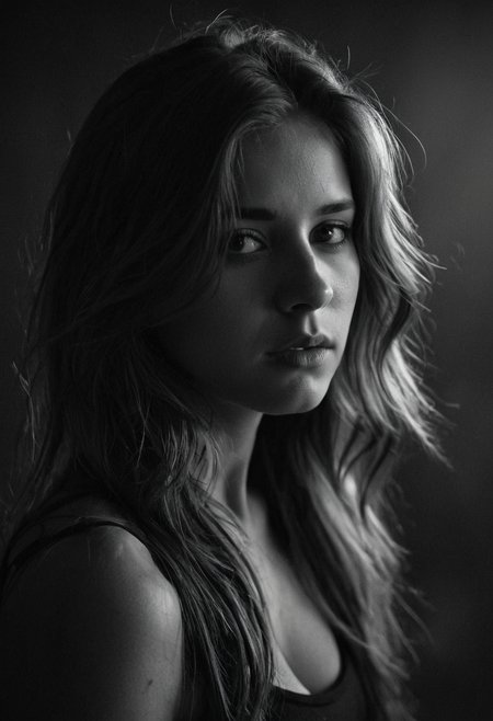 Black and white photo in the style of Alessio Albi, 20 year old beautiful stunning woman, dark blond hair falling down over her shoulders, highlights in her hair, closeup, cinematic composition, cinematic lighting  intense shadow play, bleak, post-apocalyptic, somber, dramatic, highly detailed, bokeh