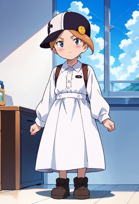 score_8, score_8_up, score_7_up, anime screenshot, source_anime, 1girl, female focus, solo,  hat, sky, dress, looking at viewer, blush, indoors, full body, simple background, white background