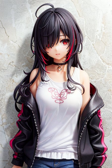 best quality, intricate details, chromatic aberration, 

1girl, long hair, black hair, messy hair, red highlights, hair over one eye, red eyes, sharp eyes, 

choker, neon shirt, torn legwear, open jacket, 

against wall, brick wall, graffiti, dim lighting, alley