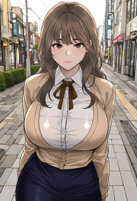 masterpiece, best quality, amazing quality, very aesthetic, absurdres, newest, scenery, 1girl, solo, huge breasts, <lora:Yang Soha illustxl:0.9> brown hair, long hair, brown eyes, bangs, thick eyebrows, (pink lips:0.9), school uniform, neck ribbon, brown ribbon, brown cardigan, long sleeves, white shirt, collared shirt, blue skirt, pencil skirt, street, sidewalk, outside, standing, looking at viewer, shiny skin, masterpiece, best quality, amazing quality, very aesthetic, absurdres, newest, scenery, volumetric lighting