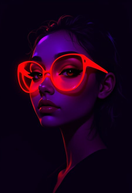ffdac, a woman wearing glowing red and purple sunglasses, beautiful, dark background, contrast of color and darkness, painting