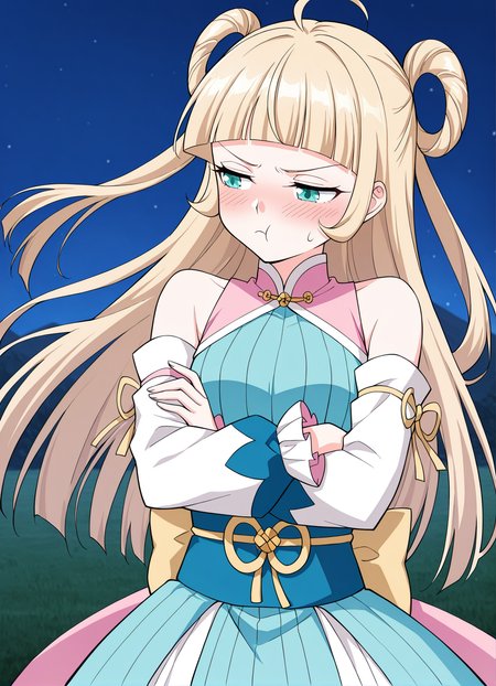 <lora:Mu_Qing_Luan__Battle_Through_the_Heavens__Illustrious:1>
1girl, solo, blonde hair, twin buns, long hair, ahoge, blunt bangs, teal eyes, anime style, 
blue and pink outfit, oriental dress, short dress, frilled skirt, pink sash, golden bow, detached sleeves, long sleeves, blue boots, big cuffs, ribbon details, open shoulders, 
score_9, score_8_up, score_7_up, very aesthetic, source_anime, detailed, high quality, beautiful, masterpiece, detailed eyes, field, blurry background, pose dynamic angle, upper body, cowboy shot, floating hair, half-closed eyes, arms crossed, looking to the side, pouting, sulking, embarrassed, night