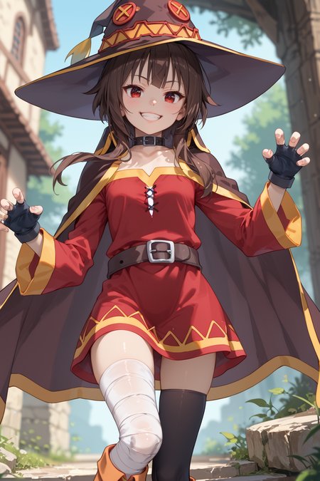 score_9, score_8_up, score_7_up, high detailed, best quality, extremely detailed, high detailed, (atmospheric perspective), blurry background, uncensored
1girl, solo, brown hair, red eyes, outdoors, small breasts, lips, nature, standing, day, bangs, medium hair, slim, slender,
BREAK
Megumin,hat,witch hat,brown hair,short hair,bangs,short hair with long locks,red eyes,collar,choker,cape,black cape,dress,red dress,long sleeves,gloves,black gloves,fingerless gloves,belt,thighhighs,black thighhighs,bandages,bandaged leg,asymmetrical legwear,boots,
<lora:Fant5yP0ny:0.4> <lora:Megumin_Illustrious:0.5> <lora:lora:0.5>
 looking at viewer, smile, dynamic pose, facing at viewer, head tilt, open stance, evil grin, claw pose, dutch angle, from below