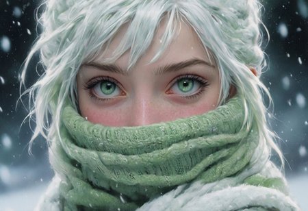 Only eyes visible, Face behind wooly scarf, Petite White haired Woman in snow, Freckles, face Closeup, face Hidden behind Pastell green Striped wooly scarf, only blushed smiling flirting eyes visible
very Detailed, awesome Quality, reflecting, luminescent, translucent, Ethereal, Aura, 80s DARK dystopian Blade Runner Flair, very detailed, uhd, masterpiece, White smoke, light beams through smoke,