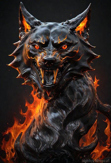 (masterpiece))
a wolf head,
HDR, hyper realistic, 
Black goo,
godly auburn light, flames,