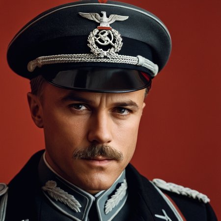 cinematic film still of <lora:detailed:0.2> 
<lora:perfection style:0.2>
<lora:Ron Fricke style:0.1>
 <lora:Inglourious Basterds film style:0.9>
Christoph Waltz as Col. Hans Landa a German man in a German military uniform holding a gun,solo,looking at viewer,long sleeves,1boy,hat,holding,closed mouth,weapon,male focus,belt,holding weapon,uniform,coat,gun,military,black headwear,military uniform,holding gun,peaked cap,red background,handgun,black coat,military hat,realistic,manly,soviet , 1940's, Inglourious Basterds film style, Waffenrock, shallow depth of field, vignette, highly detailed, high budget, bokeh, cinemascope, moody, epic, gorgeous, film grain, grainy