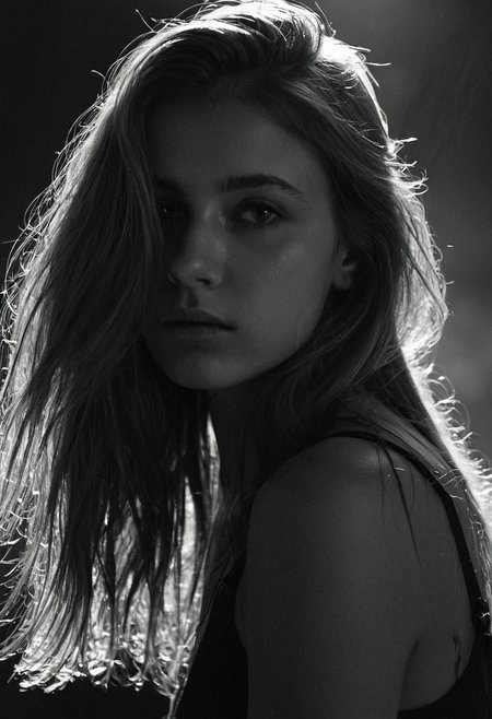 Black and white photo in the style of Alessio Albi, 20 year old beautiful stunning woman, dark blond hair falling down over her shoulders, highlights in her hair, closeup, cinematic composition, cinematic lighting  intense shadow play, bleak, post-apocalyptic, somber, dramatic, highly detailed, bokeh