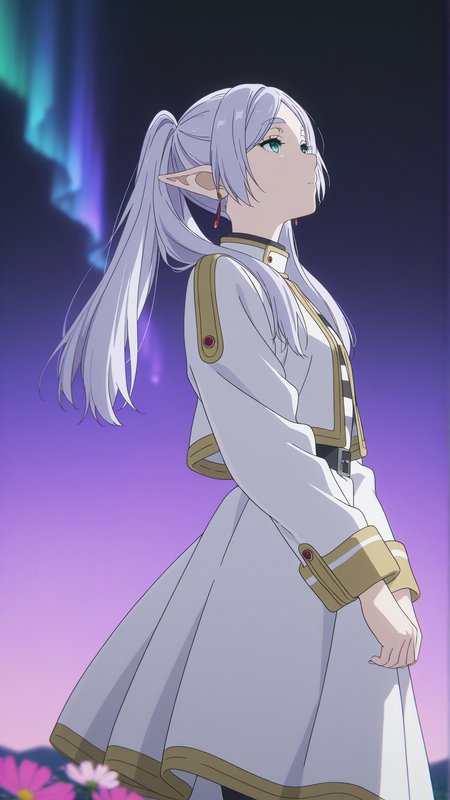 highres, hi res, best quality, masterpiece, 2d, intricate details, 4k, anime coloring, countershading,
1girl, solo, female, eyelashes, nose, white hair, silver hair, pointy ears, twintails, parted bangs, long hair, green eyes, frieren, 
cowboy shot, looking up, looking at another, 
sky, night, night sky, northern lights, aurora, cosmos, no humans, gradient sky, purple sky, black sky,
<lora:kyoto_animation_ILXL:1>, kyoto animation,