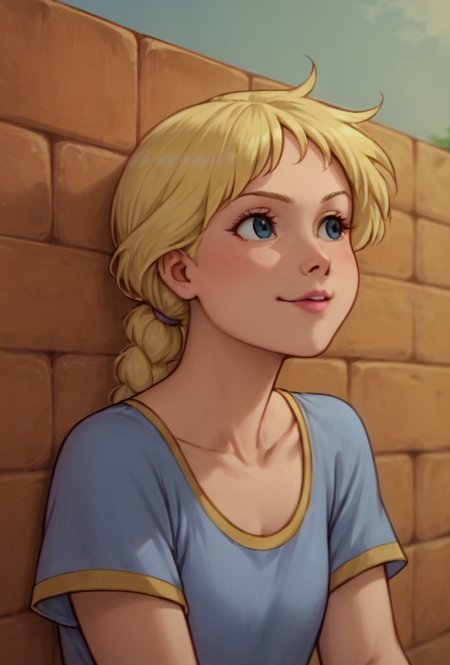 score_9, score_8_up, score_7_up, score_6_up, source_anime, highly detailed, Calla, Casual Calla, a cartoon image of a blonde haired girl sitting in front of a brick wall with her mouth open, <lora:Gummi bears Beta:0.9>