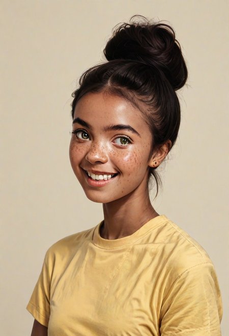 score_9, score_8_up 
BREAK 
1girl, (dark skin:0.4), prettyface, Manic Pixie, dark hair, hairbun, freckles, cute smile, yellow t-shirt, friendly, seductive, (girl next door:1.5), teeth visible 
BREAK 
FOV medium shot, simple background