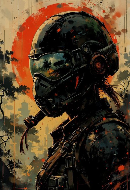 in the style of ck-mgs, nistyle, A dinkfsn style ink wash painting, on rice paper, sepia, henna , Silhouette Art, magnificent, closeup portrait of stunning japanese female sc-fi soldier, helmet, mirrored visor reflecting jungle environment