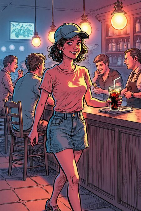 ehshep1 sketch.
The air buzzes with the energy of a busy bar, a mix of music, conversation, and the clinking of glasses. A barmaid, the embodiment of youthful vibrancy, navigates the lively scene. She wears a peach-coloured T-shirt, the soft fabric contrasting with the smooth, cold glass of coke she carries on a small tablet. Her short skirt adds a playful touch, and a backwards baseball cap hints at a carefree attitude. The setting and atmosphere are palpable: the warm, slightly sticky surface of the bar counter under her fingertips, the dim, colourful lighting that casts playful shadows. Sensory details are abundant: the condensation forming on the glass of coke, the texture of her denim skirt, and the way the bar lights catch the highlights in her hair. Her confident stride, her quick smile, and her efficient movements. Stylistically, the image draws inspiration from the vibrant, candid shots of nightlife photographers, with a touch of the stylized realism found in contemporary illustration. There's a deliberate contrast between the barmaid's youthful energy and the slightly worn, lived-in atmosphere of the bar, creating a dynamic and engaging image.  <lora:ehshep2_cap_d6a3e12:1.0><lora:826244509944848994:0>