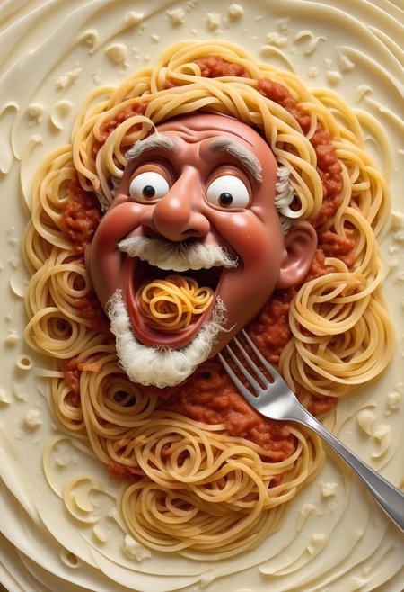 Portrait of an Opera-Singing Spaghetti Meatball, Satin Texture with Swirling Pasta Gold, Marinara Red, and Parmesan White, Eyes Dramatically Closed in Song, Surrounded by Floating Parmesan Clouds and a Fork Baton, Glossy Finish, Creating an Over-the-Top Culinary Concert of Pasta and Passion