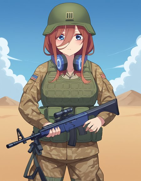 score_9, score_8_up, score_7_up, source_anime, <lora:miku-nakano-s2-ponyxl-lora-nochekaiser:1>, miku nakano, long hair, bangs, blue eyes, brown hair, hair between eyes, headphones, headphones around neck, large breasts,, <lora:military-combat-uniform-ponyxl-lora-nochekaiser:1> military combat uniform, camouflage jacket, camouflage, load bearing best, camouflage pants, soldier, bulletproof vest, combat helmet, assault rifle, rifle,, desert, sun, blue sky,, cowboy shot,