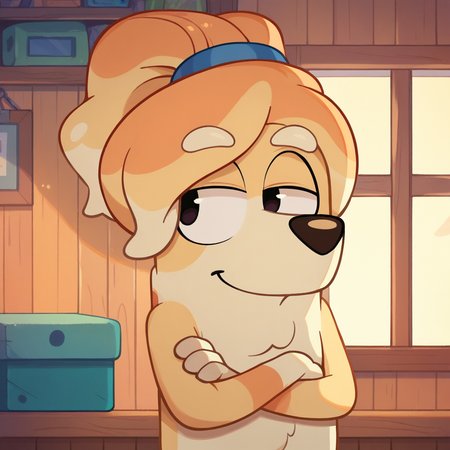 score_9, score_8_up, score_7_up, BREAK  <lora:friskyb:1> friskyb, furry, ponytail, smile, room, crossed arms,
