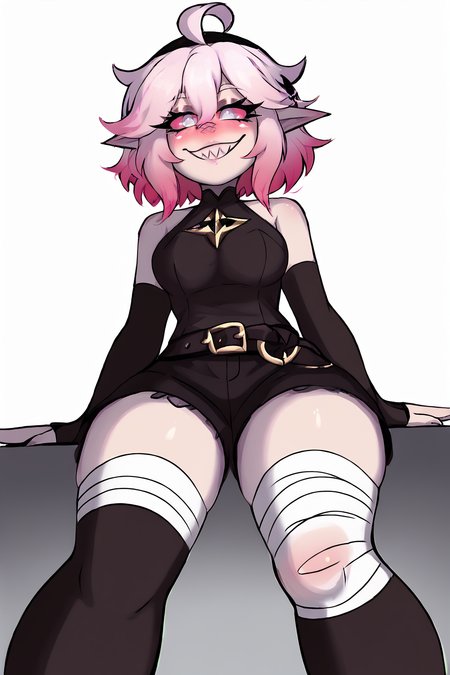 score_9, score_8_up, score_7_up, score_6_up, BREAK, BriarLoLXLv2, grey skin, colored skin, no pupils, grey eyes, pink sclera, white hair, pink hair, two-tone hair, gradient hair, short hair, hair between eyes, ahoge, pointy ears, sharp teeth, medium breasts, bare shoulders, black thight dress, detached sleeves, black bandaged sleeves, black shorts, belt, (black bandaged legwear), toeless legwear, sitting, ((bellow view)), looking at viewer, seductive smile, naughty face, nose blush, white background, simple background  <lora:BriarLoLXLv2:0.8>, DustyDustStylePXL <lora:DustyDustStylePXL:1>