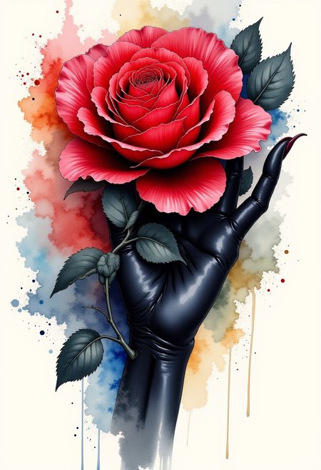 Watercolorsketch style. A vibrant watercolor illustration featuring a hand in a black glowe elegantly holding a beautiful red rose, abstract background