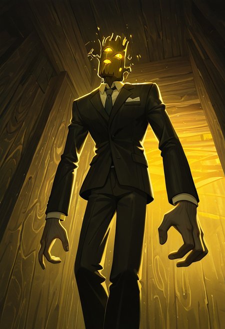 masterpiece, best quality, amazing quality, very aesthetic, absurdres, newest, cinematic, movie scene, foreground blur, volumetric lighting 
creaking, no humans, standing, monster, glowing eyes, yellow eyes, solo, 3 eyes, yellow sclera, wooden body,
wearing suit, fancy suit, loose tie, black coat in hands, thirst trap, avoiding eye contact, holding sleeve cuffs, yellow background, from below, fan art,