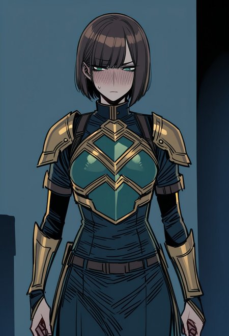 ratatatat74, 1girl, adult, tall girl, (short hair, dark dark brown hair), side-swept hair, straight hair, mature, highly detailed, high quality, detailed face, jade green eyes
BREAK
yellow chrome armor, light armed, breast plate, sword belt
BREAK 
shame, blush, look down
BREAK 
indoors, living room, lamp in background