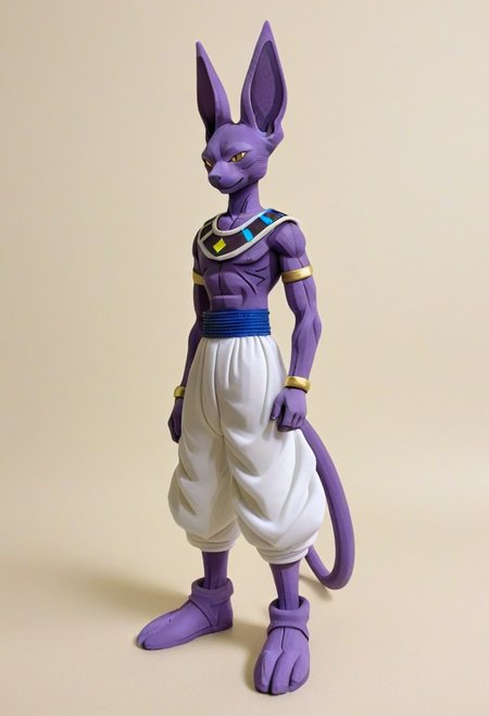 Beerus, furry male, barefoot, plantigrade, sandals
3d printed mold,art style,duotone, white clothes, violet skin
3D printed Beerus, pla made, pla filament, print grooves
printed in 3d printer, 3d printer casing background